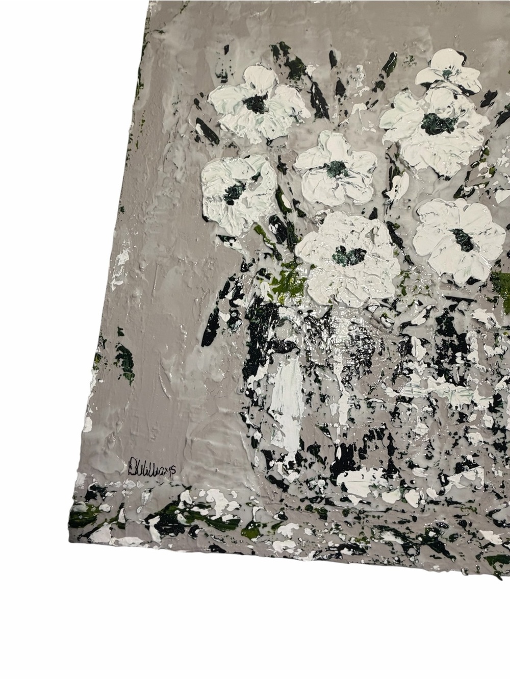 Original Artwork Blooms Textured White with Dark Green on Gray 16 x 20" - Picture 11 of 16